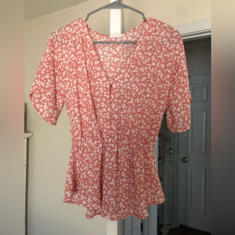 Light Pink Floral Short Sleeve Blouse